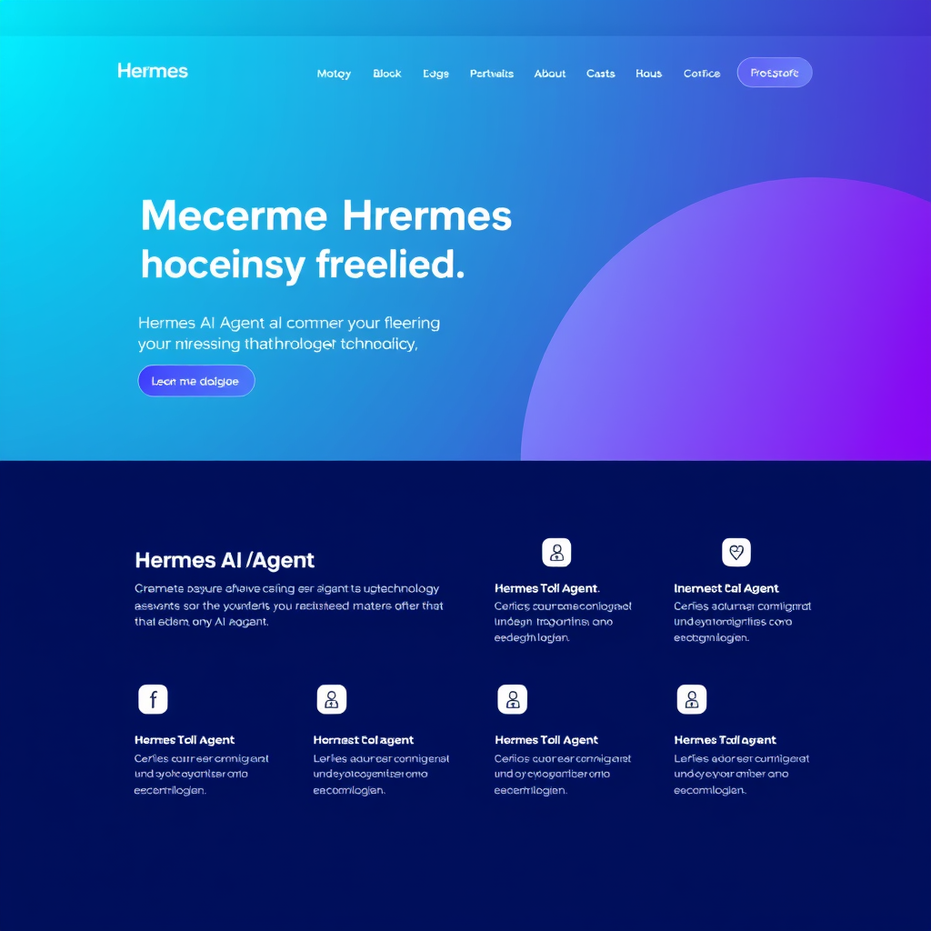 Professional modern homepage banner for Hermes AI Agent website - clean professional design with blue-purple gradient, modern typography, corporate aesthetic, minimalist layout with emphasis on AI/agent technology services